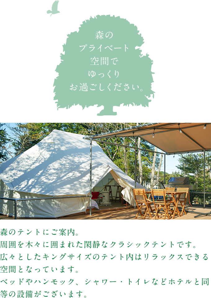 森のプライベート空間でゆっくりお過ごしください。